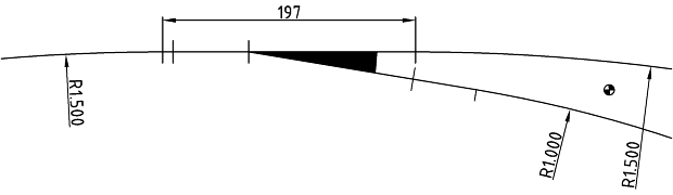 Figur 8. Normalsporskifte med ret stamspor indlagt i krumt spor.