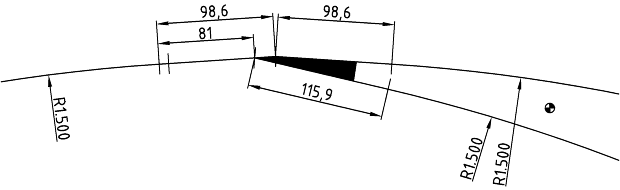 Figur 9. Medkrummet sporskifte indlagt i gennemgående kurve.